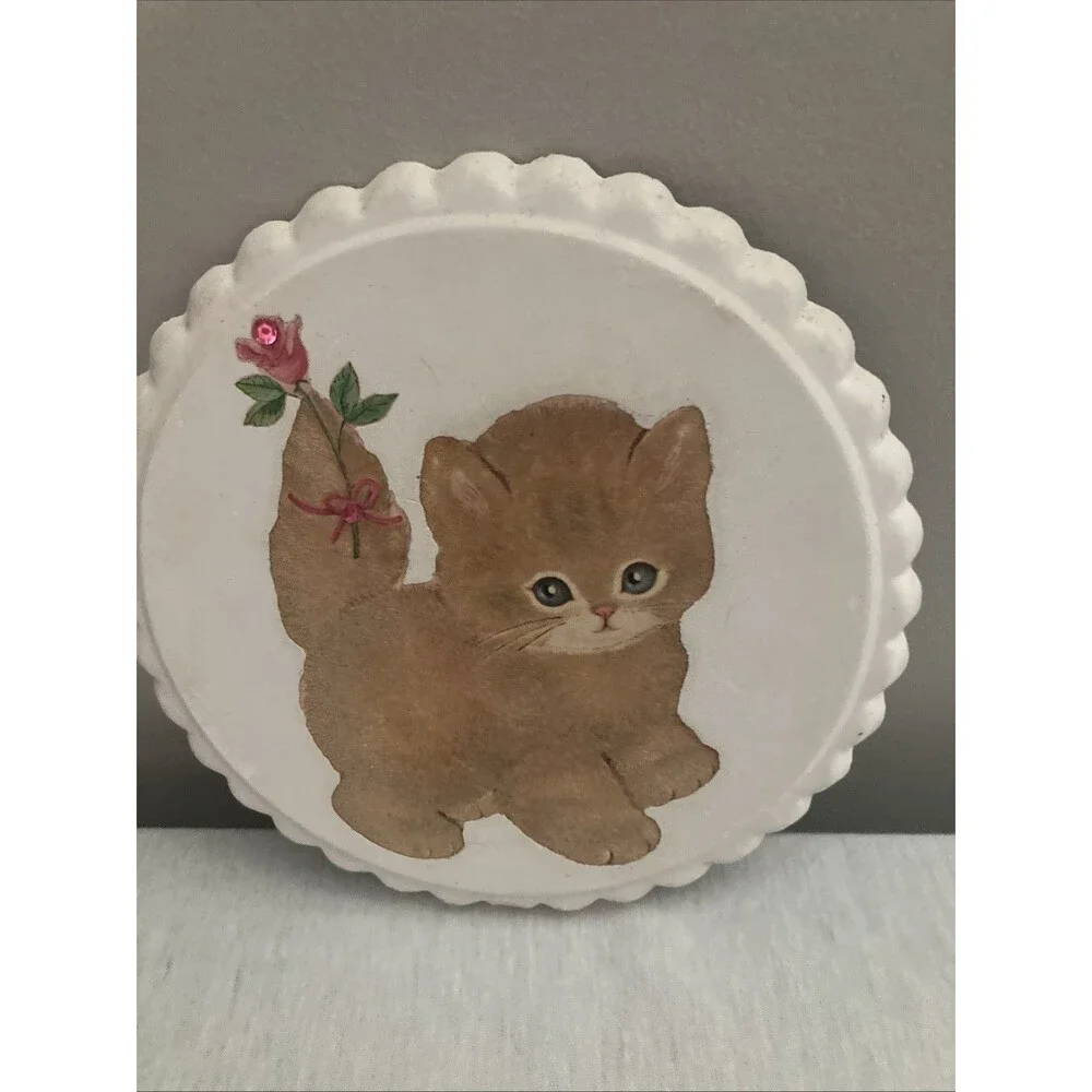 Vintage Kitten With Pink Rose Wall Plaque Ceramic